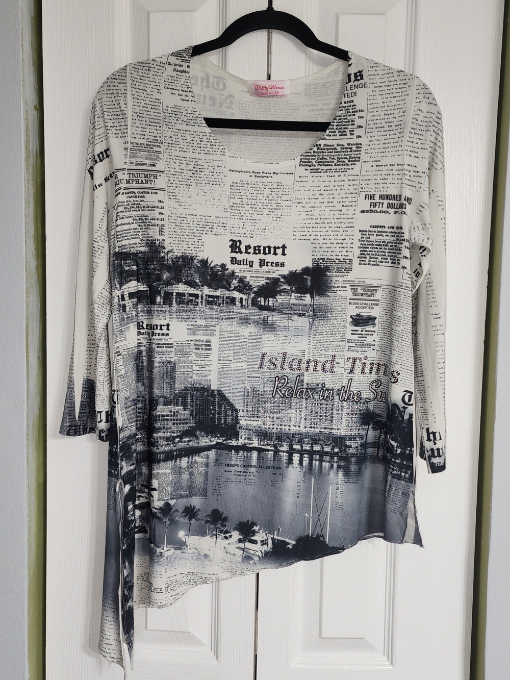 Asymmetrical Newspaper-Print Tunic Top in White and Black